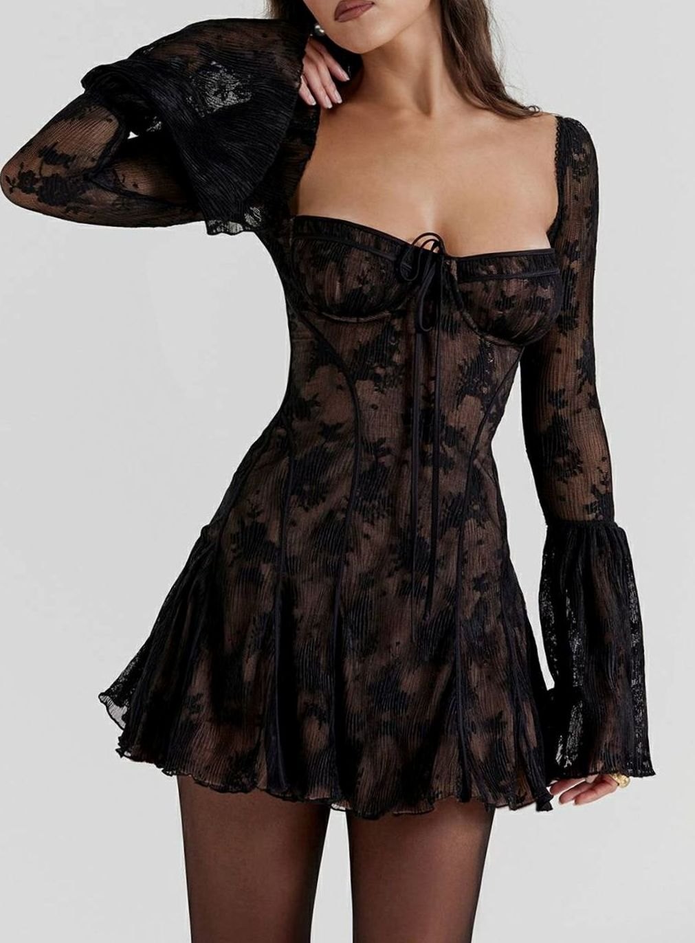 Women's Corset-Bust Flare-Sleeve Textured Mini Dress - Black