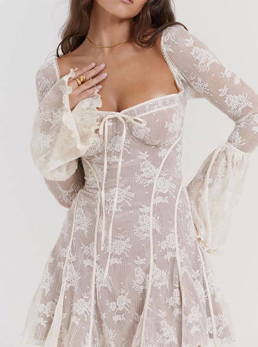 Women's Corset-Bust Flare-Sleeve Textured Mini Dress