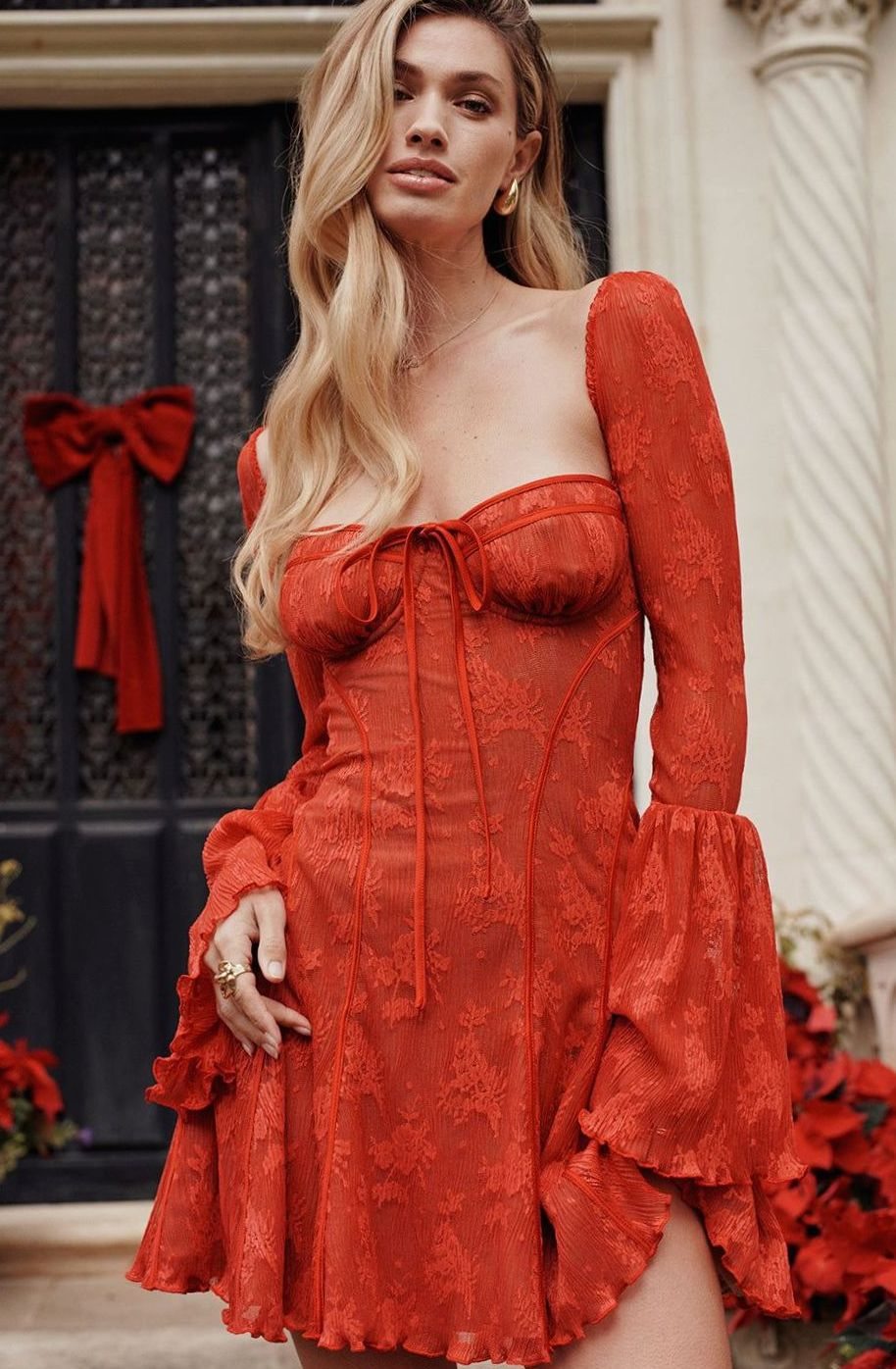 Women's Corset-Bust Long Bell-Sleeve Mini Party Dress
