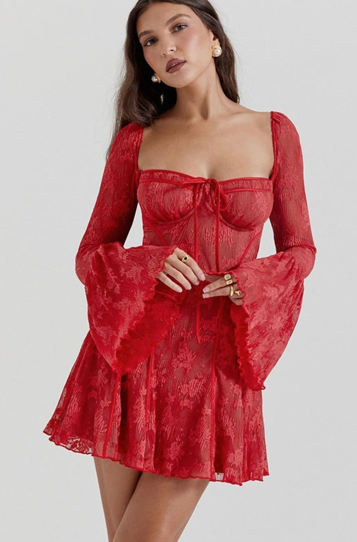 Women's Corset-Bust Long Bell-Sleeve Mini Party Dress - Red