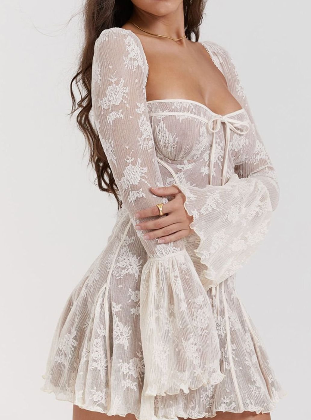 Women's Corset-Bust Long Bell-Sleeve Mini Party Dress - White