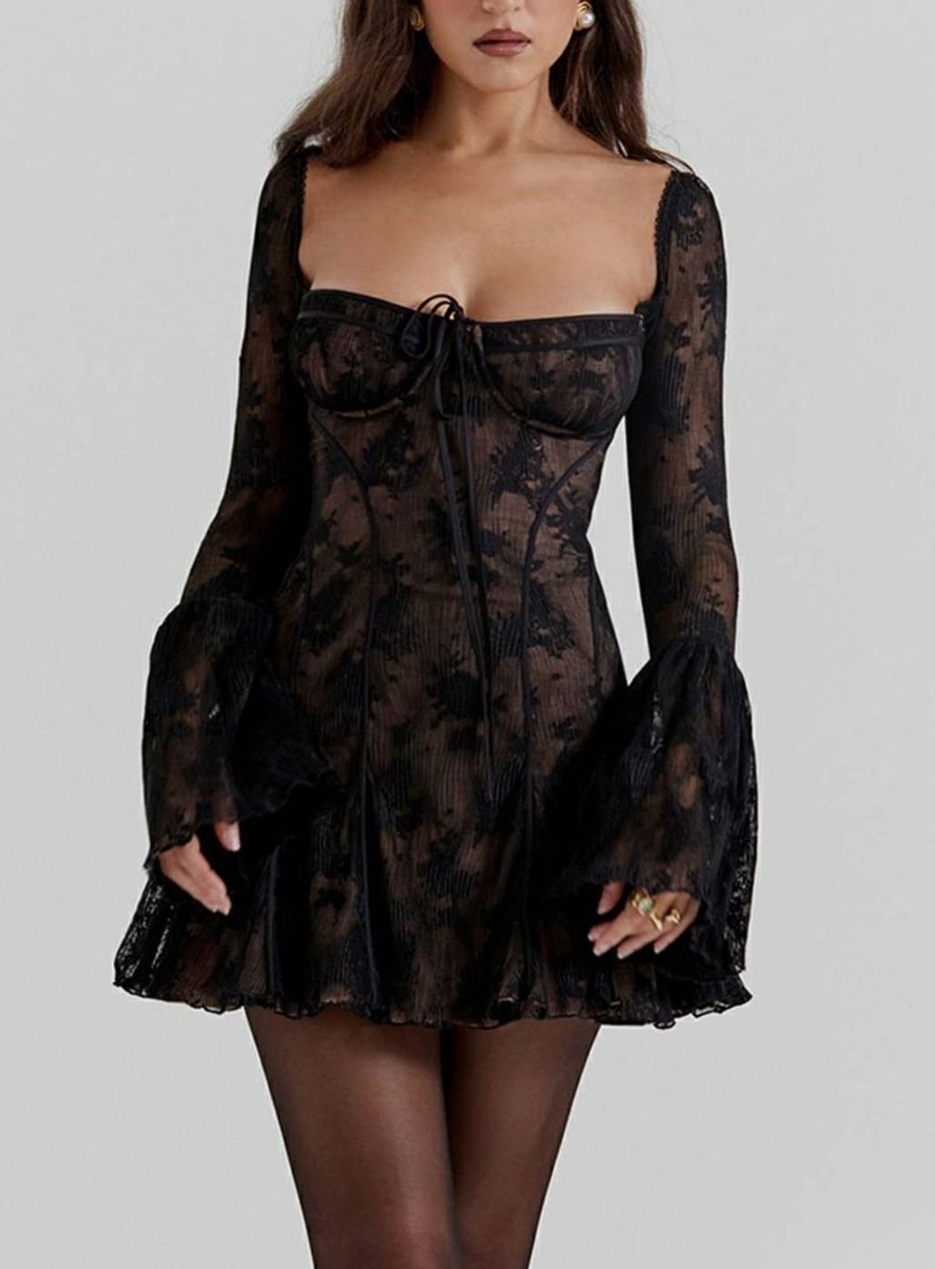Women's Corset-Bust Long Bell-Sleeve Mini Party Dress