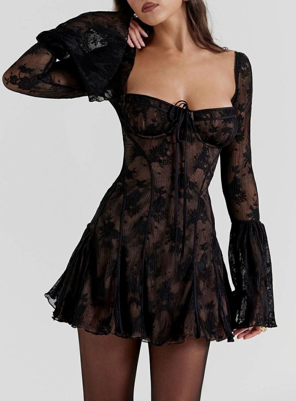 Women's Corset-Bust Long Bell-Sleeve Mini Party Dress - Black
