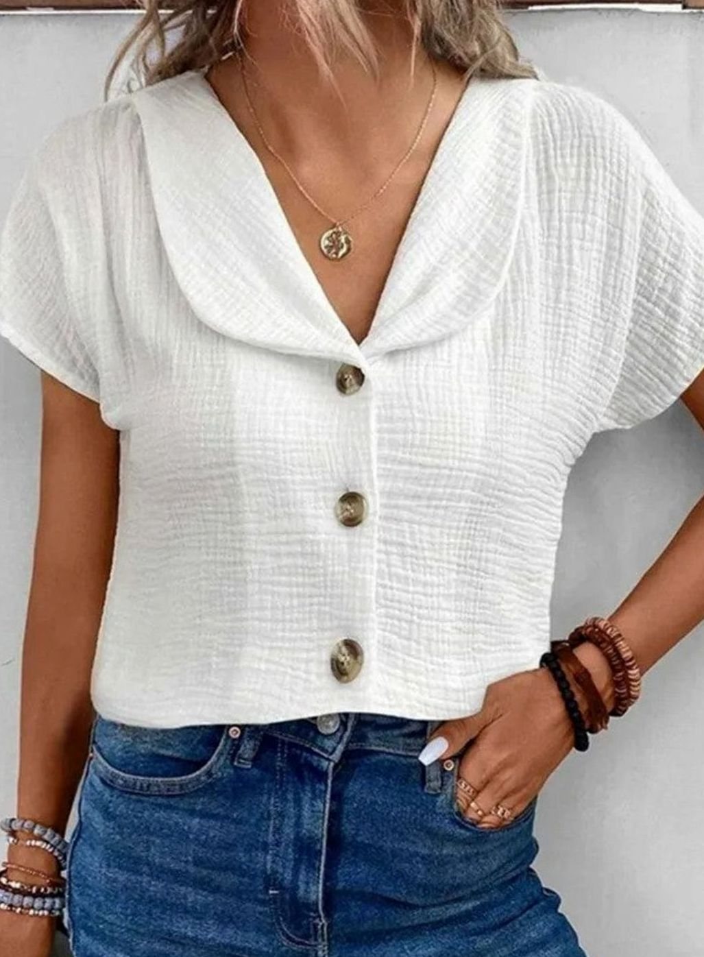 Women's Cotton Blend Button-Front Collared Short Sleeve Blouse