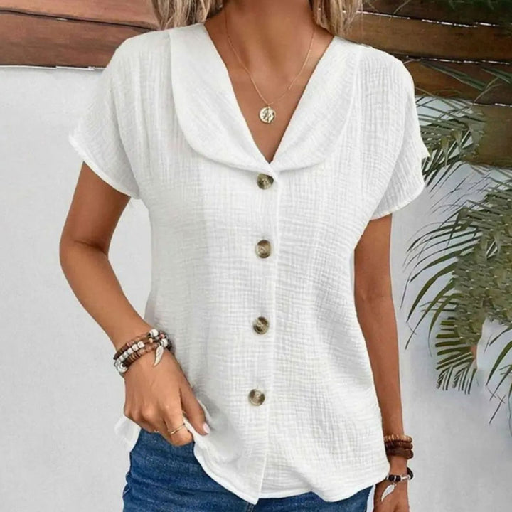 Women's Cotton Blend Button-Front Collared Short Sleeve Blouse - White