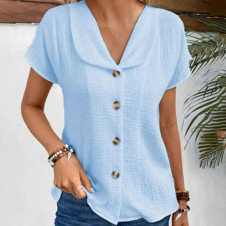 Women's Cotton Blend Button-Front Collared Short Sleeve Blouse - Blue