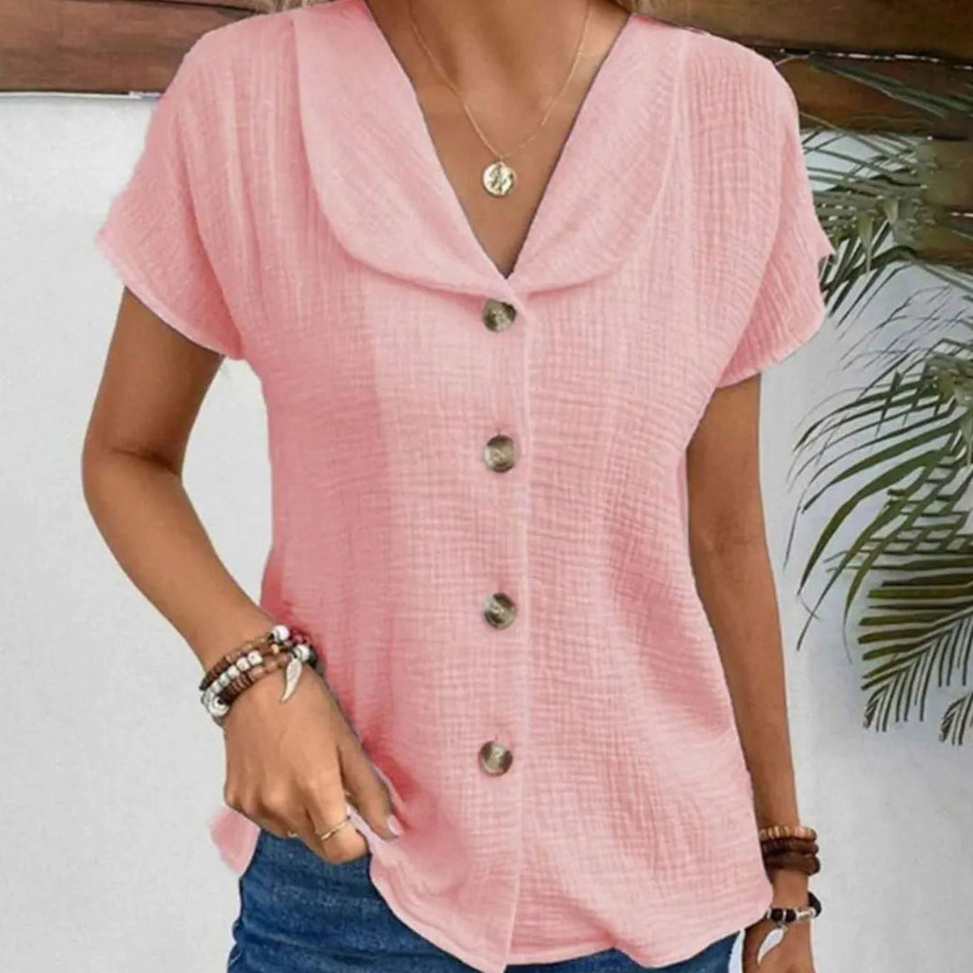 Women's Cotton Blend Button-Front Collared Short Sleeve Blouse - Pink