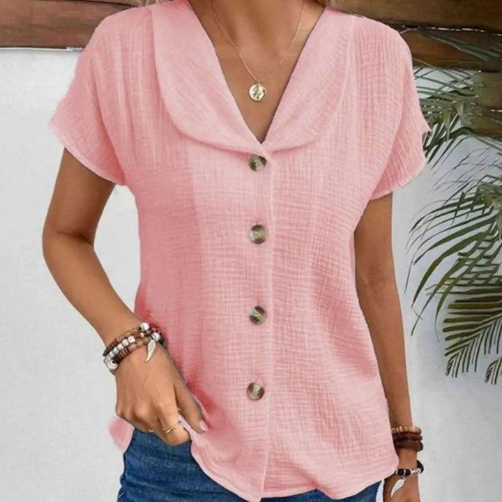 Women's Cotton Blend Button-Front Collared Short Sleeve Blouse - Pink