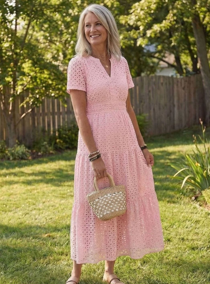 Women's Cotton Eyelet Tiered Short-Sleeve Midi Dress