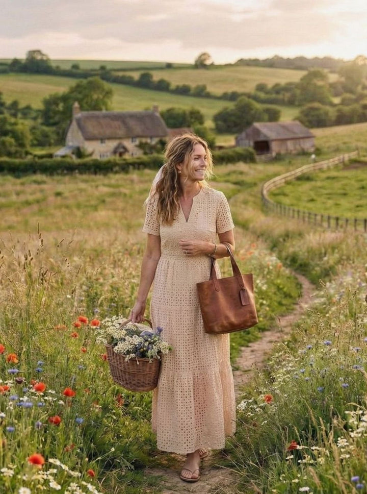 Women's Cotton Eyelet Tiered Short-Sleeve Midi Dress