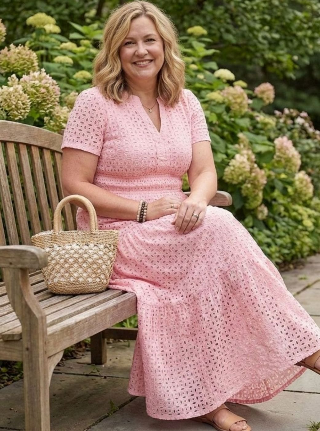 Women's Cotton Eyelet Tiered Short-Sleeve Midi Dress