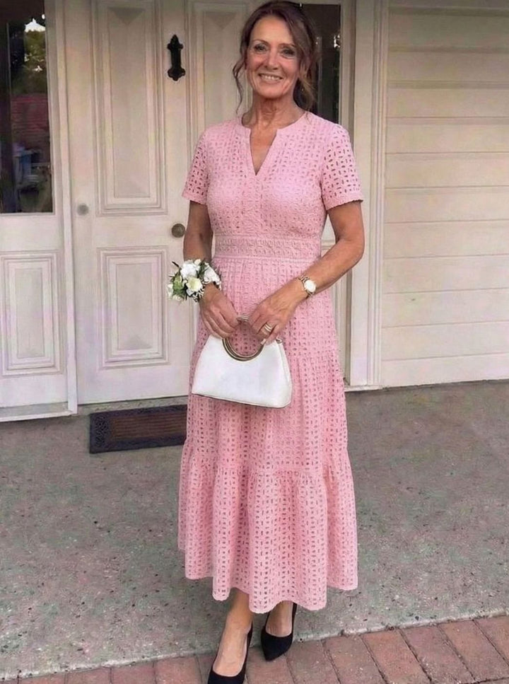 Women's Cotton Eyelet Tiered Short-Sleeve Midi Dress