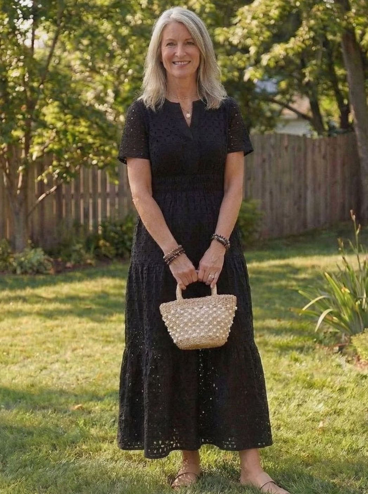 Women's Cotton Eyelet Tiered Short-Sleeve Midi Dress
