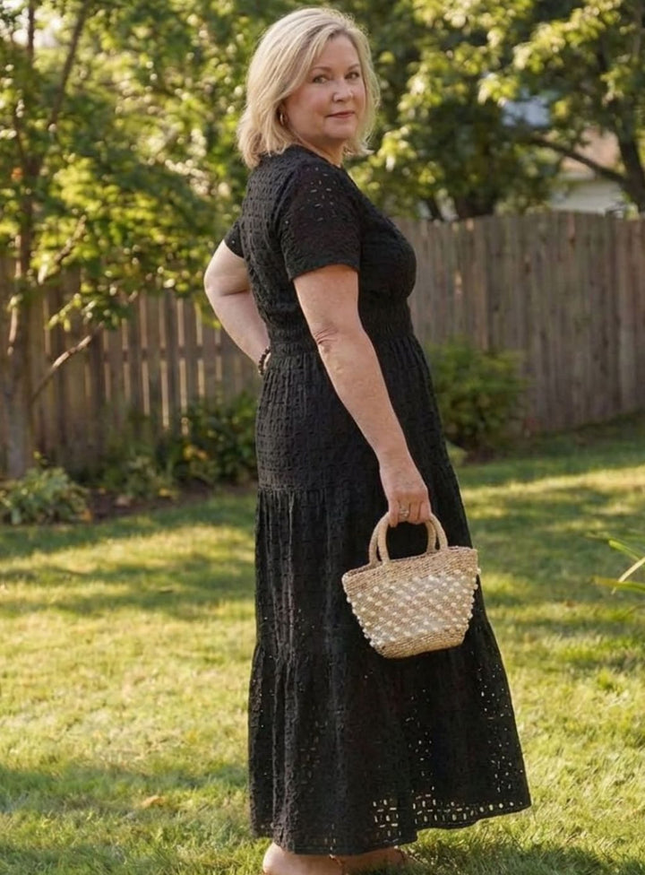 Women's Cotton Eyelet Tiered Short-Sleeve Midi Dress