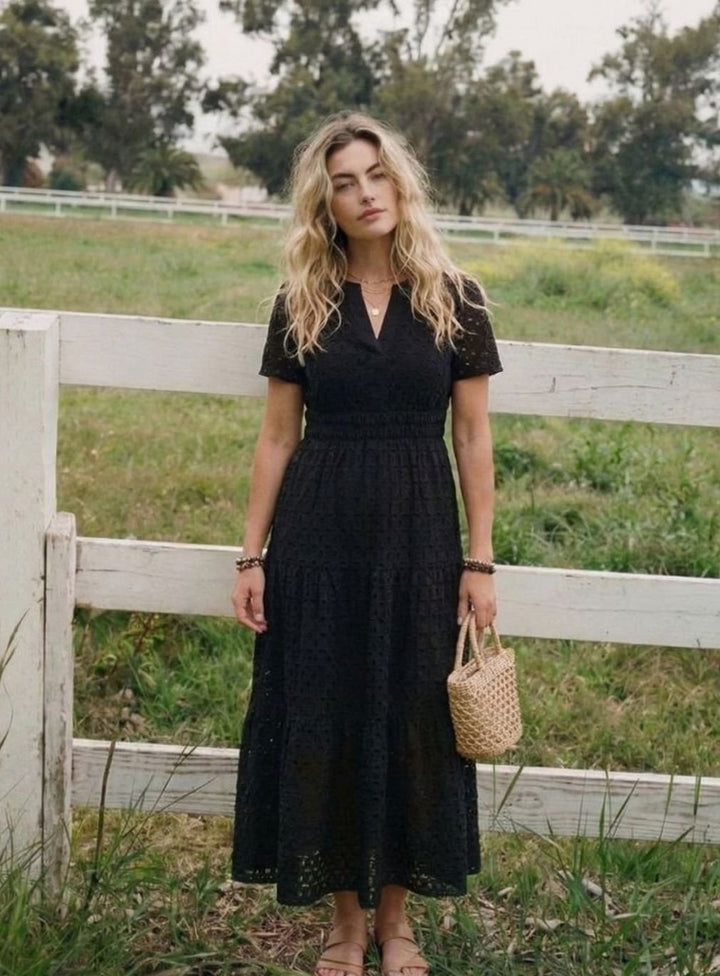 Women's Cotton Eyelet Tiered Short-Sleeve Midi Dress