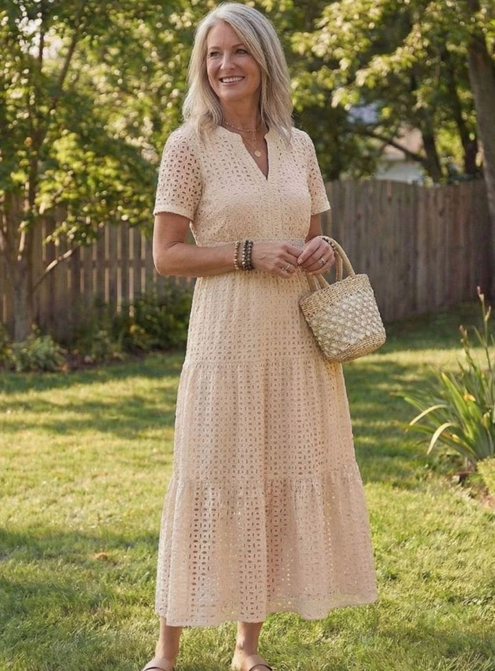 Women's Cotton Eyelet Tiered Short-Sleeve Midi Dress