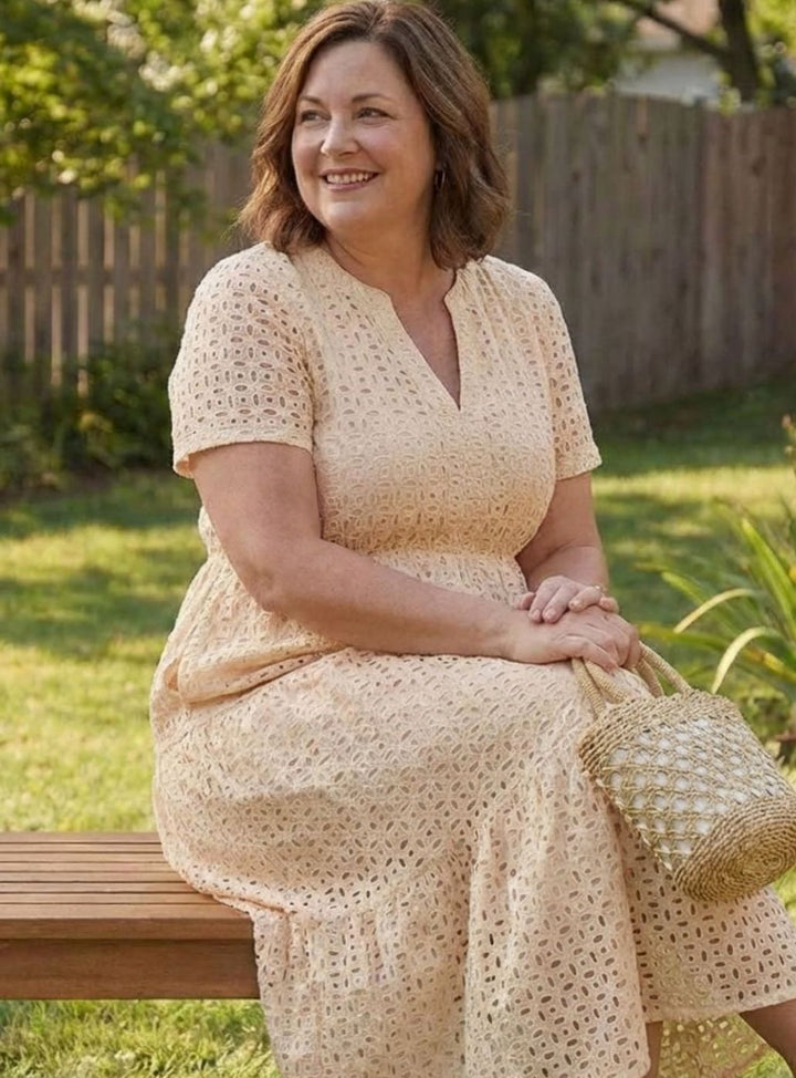 Women's Cotton Eyelet Tiered Short-Sleeve Midi Dress