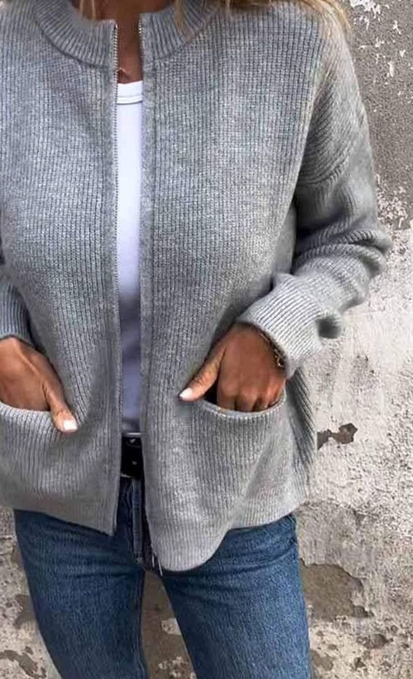 Women's Cotton Knit Zip-Up Cardigan with Front Pockets - Grey