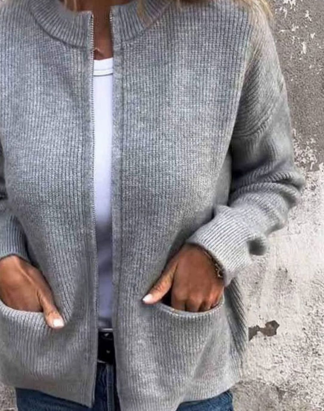 Women's Cotton Knitted Zip-Up Cardigan Jumper Front Pockets - Grey