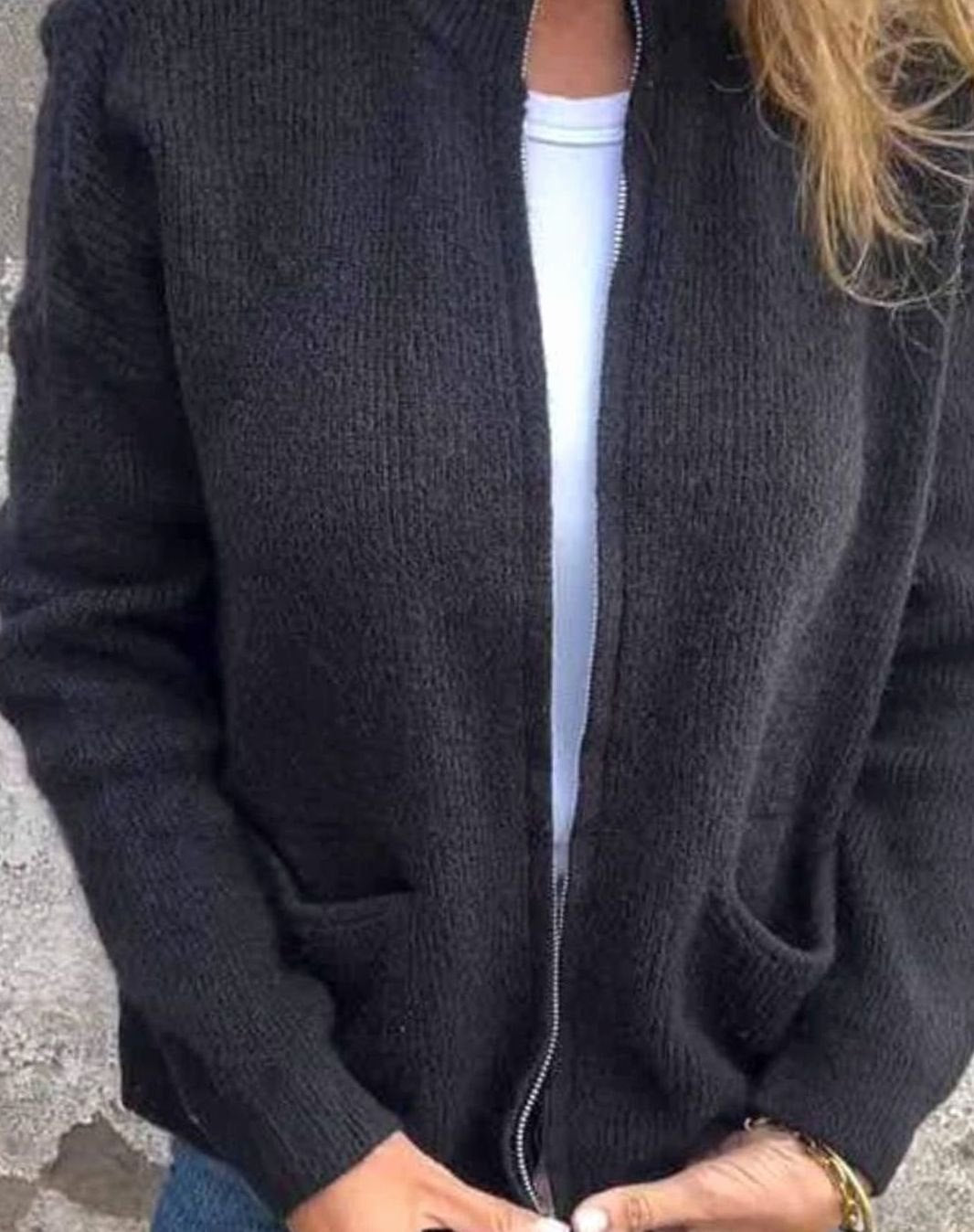 Women's Cotton Knitted Zip-Up Cardigan Jumper Front Pockets