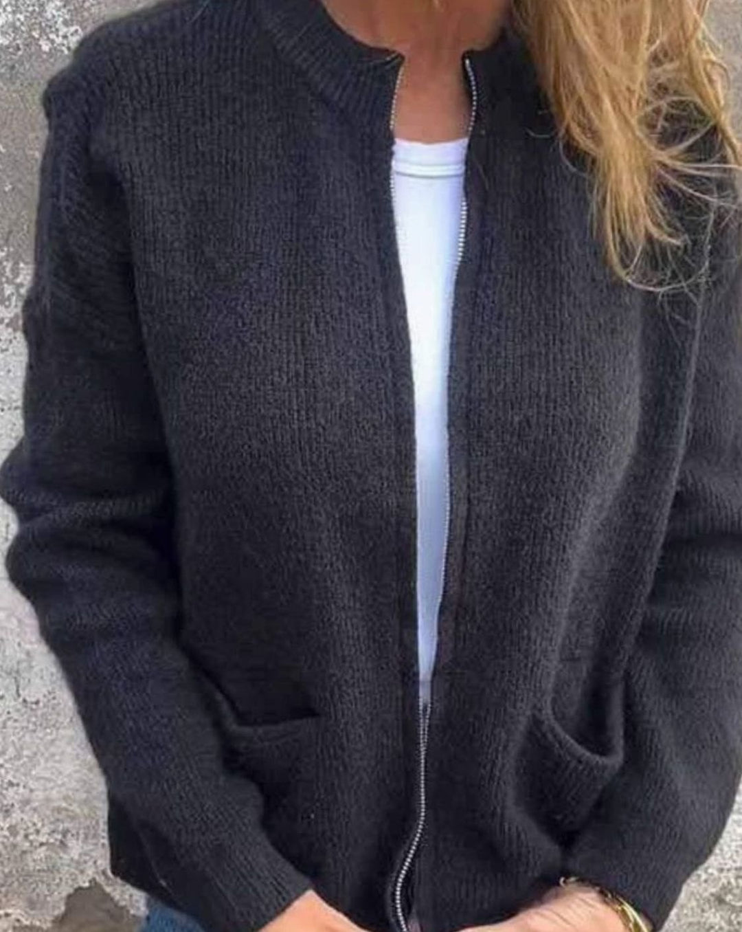 Women's Cotton Knitted Zip-Up Cardigan Jumper Front Pockets - Black