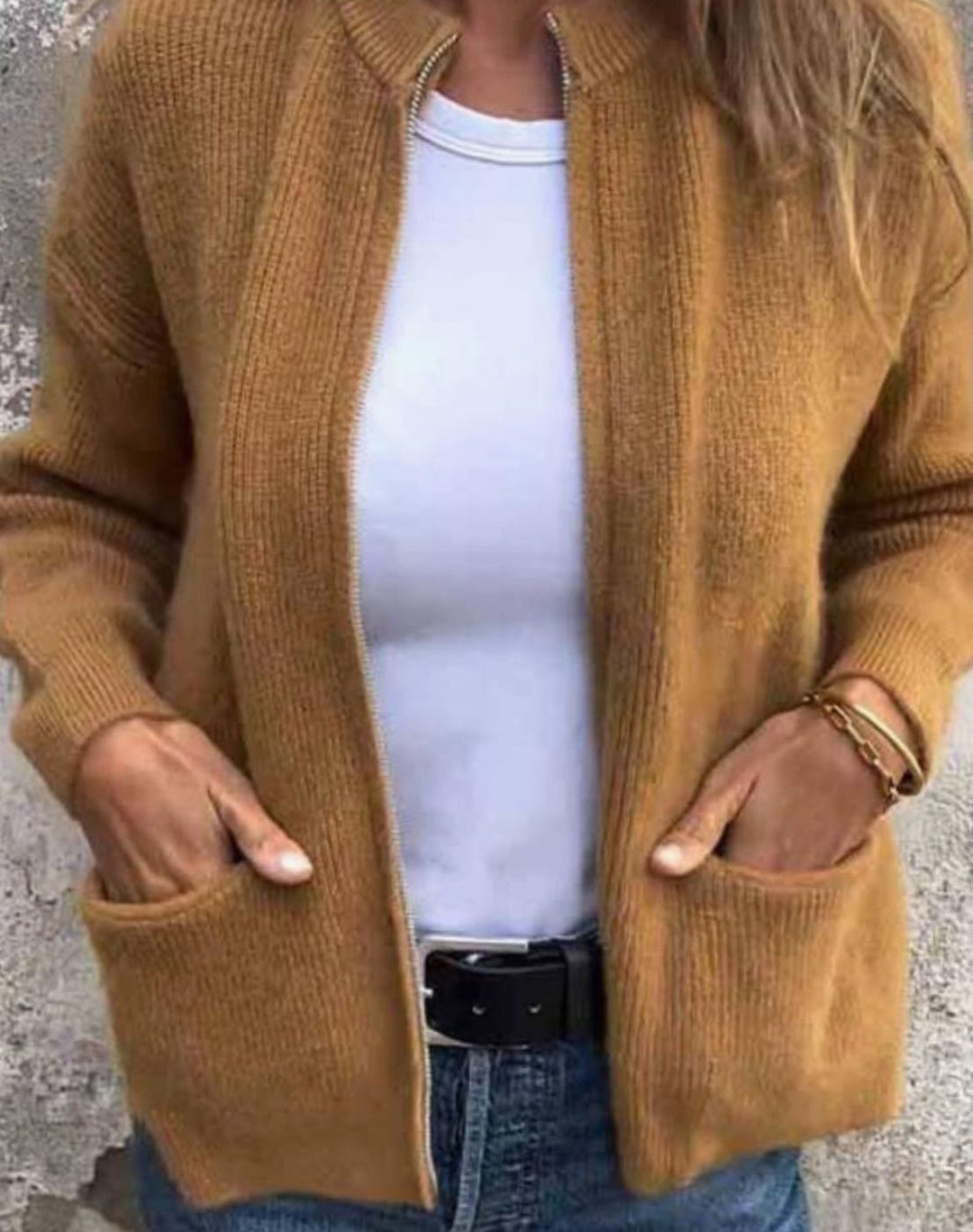 Women's Cotton Knitted Zip-Up Cardigan Jumper Front Pockets - Brown