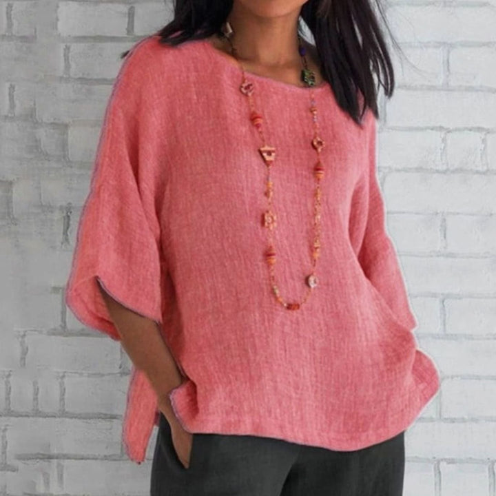 Women's Cotton Linen Relaxed-Fit Three-Quarter Sleeve Tunic Top - Pink