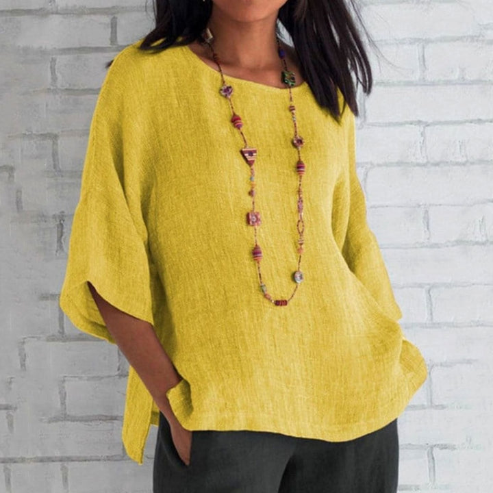 Women's Cotton Linen Relaxed-Fit Three-Quarter Sleeve Tunic Top - Yellow