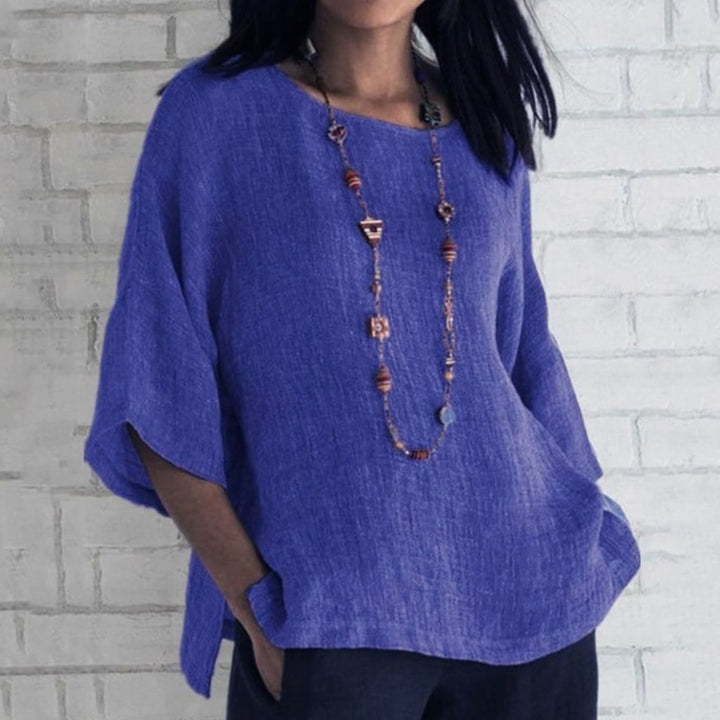 Women's Cotton Linen Relaxed-Fit Three-Quarter Sleeve Tunic Top - Blue