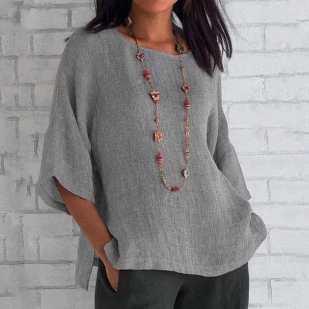 Women's Cotton Linen Relaxed-Fit Three-Quarter Sleeve Tunic Top - Grey