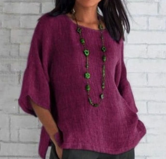 Women's Cotton Linen Relaxed-Fit Three-Quarter Sleeve Tunic Top - Lilac