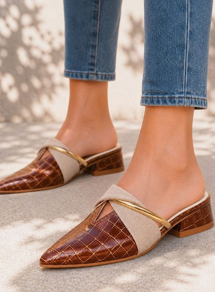 Women's Croc-Effect Pointed-Toe Low Block Heel Mule Slippers