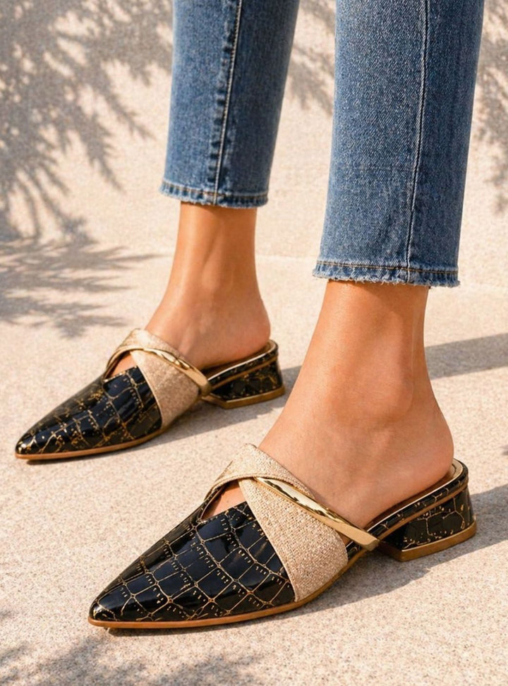 Women's Croc-Effect Pointed-Toe Low Block Heel Mule Slippers