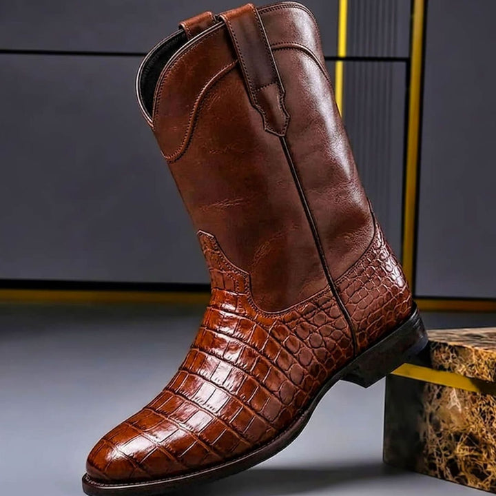 Women's Croc-Embossed Leather Western Cowboy Boots - Tan Brown