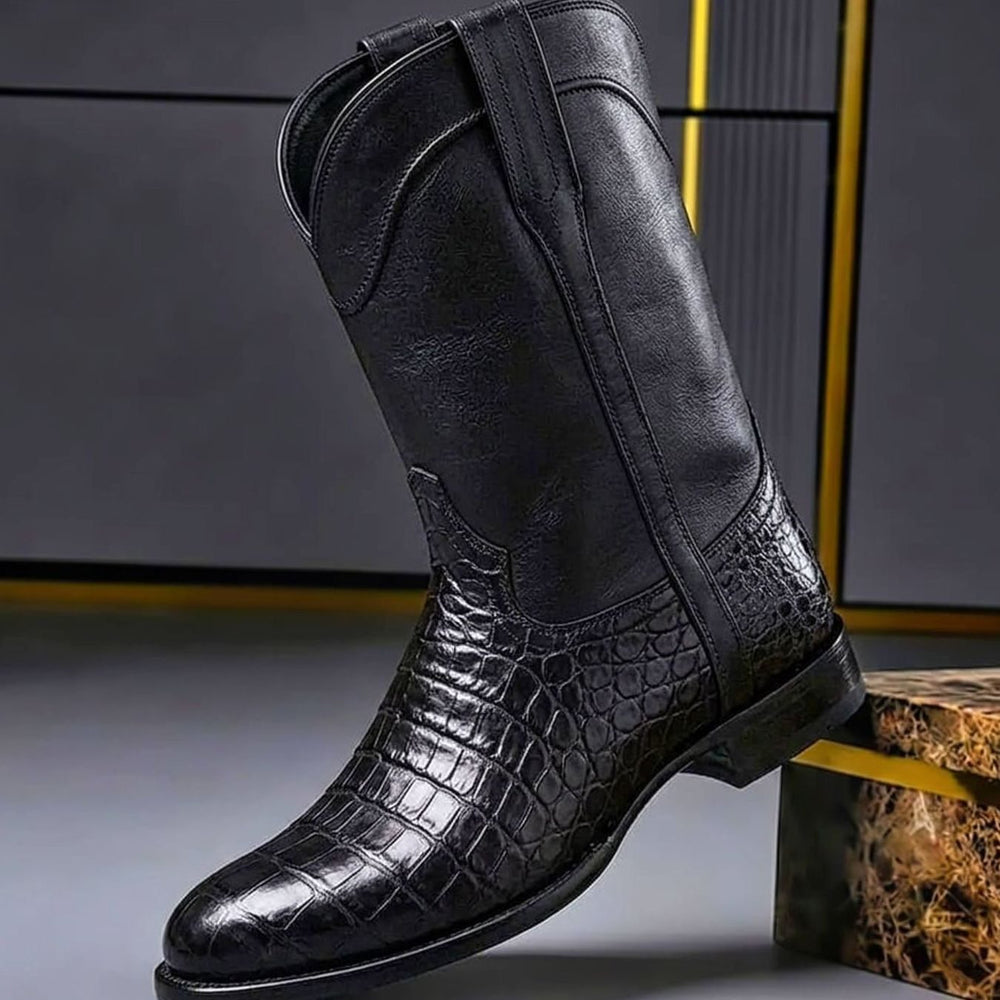 Women's Croc-Embossed Leather Western Cowboy Boots - Jet Black