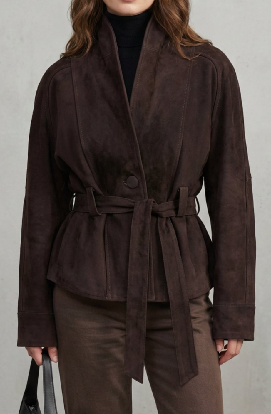 Women's Cropped Belted Suede Wrap Jacket - Dark Brown
