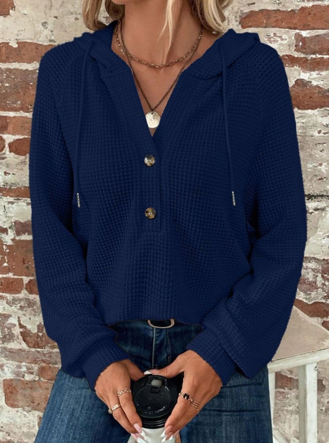 Women's Cropped Hooded Button-Up Knit Jumper - Blue