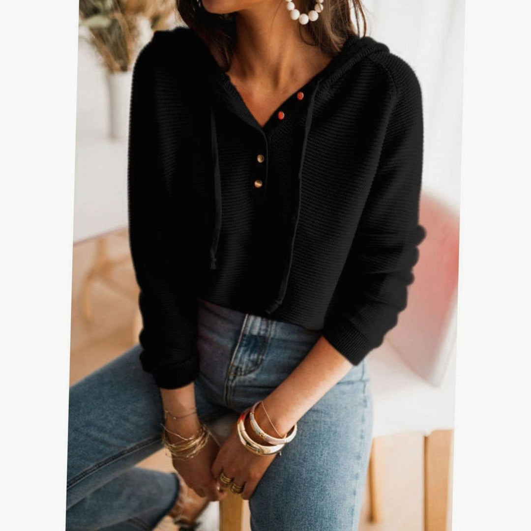 Women's Cropped Hooded Button-Up Knit Jumper - Black