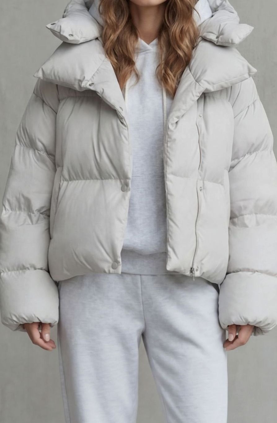 Women's Cropped Puffer Jacket Hooded Short Winter Coat - Cream