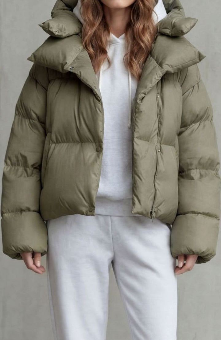 Women's Cropped Puffer Jacket Hooded Short Winter Coat - Olive