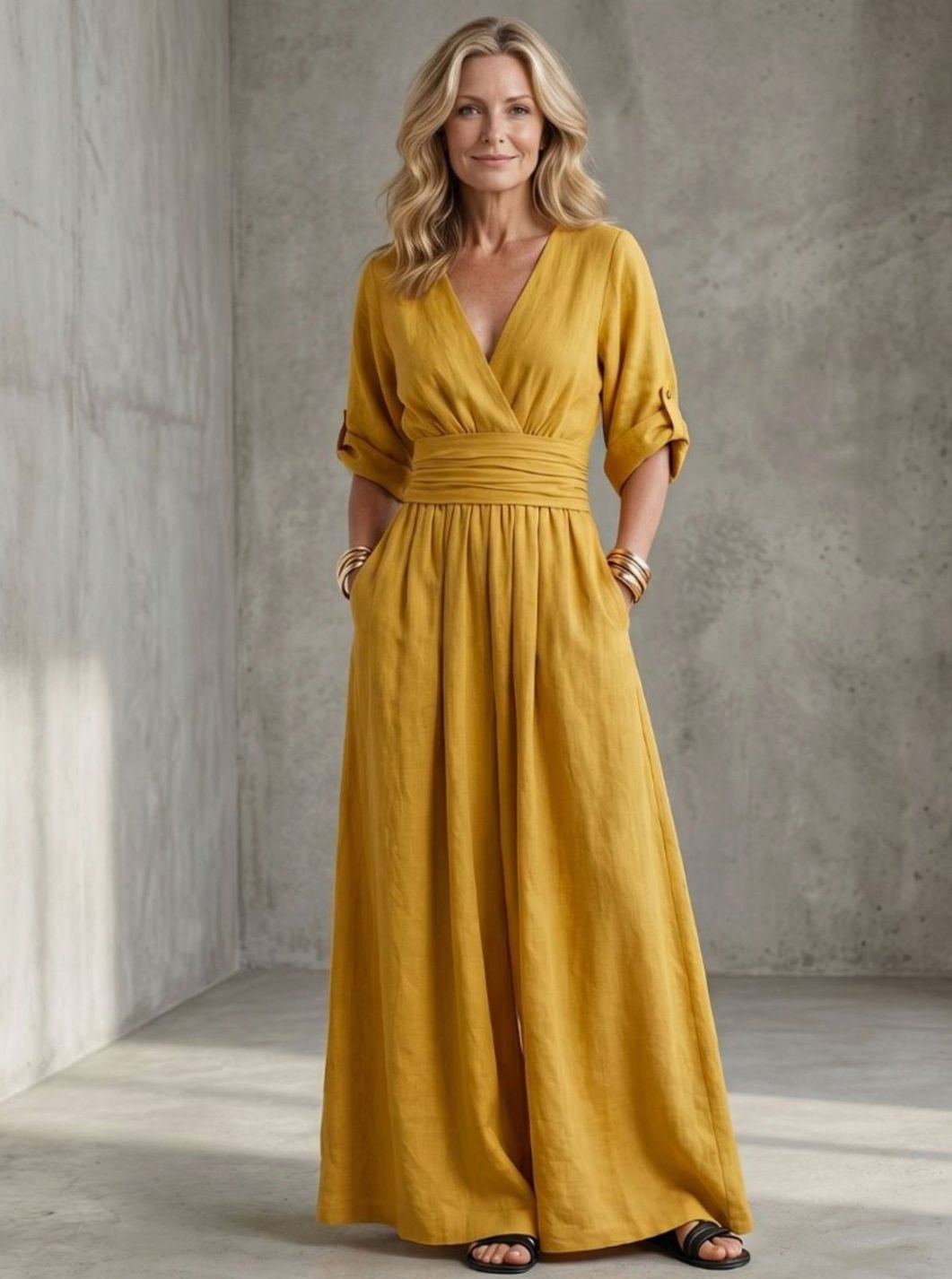 Women's Cross-Front Wide-Leg Maxi Jumpsuit Gathered Waist
