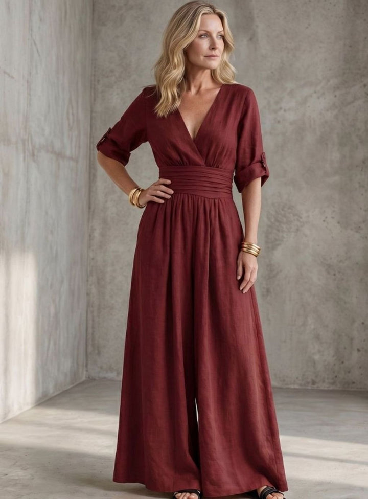 Women's Cross-Front Wide-Leg Maxi Jumpsuit Gathered Waist