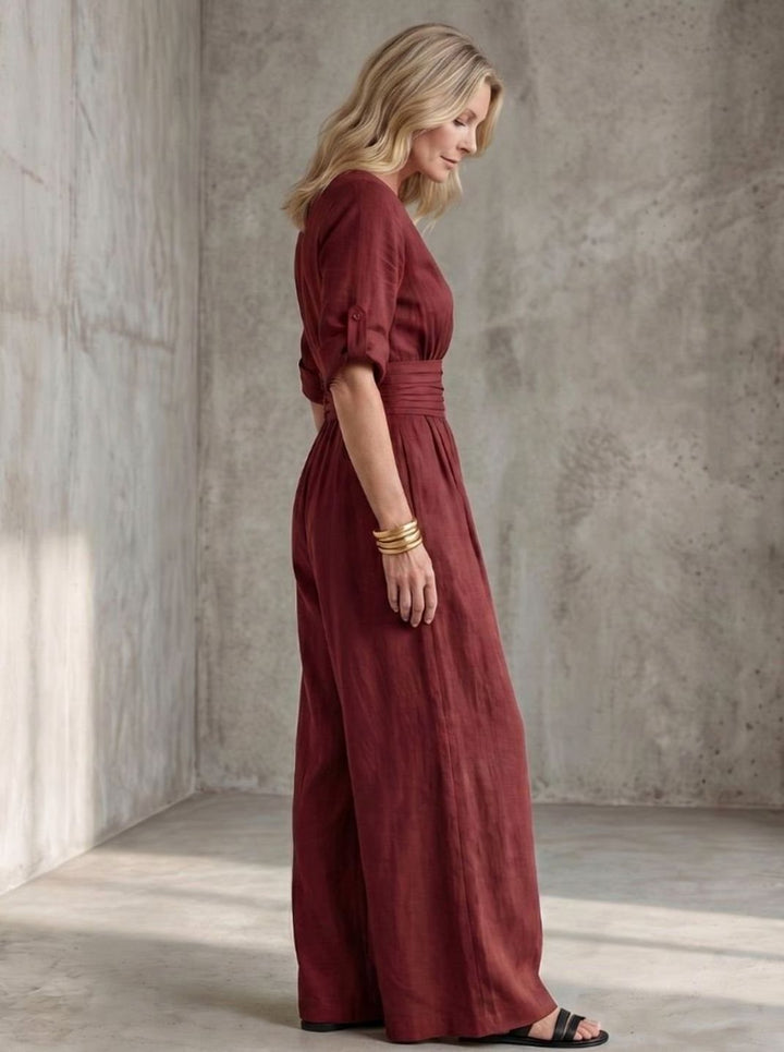 Women's Cross-Front Wide-Leg Maxi Jumpsuit Gathered Waist