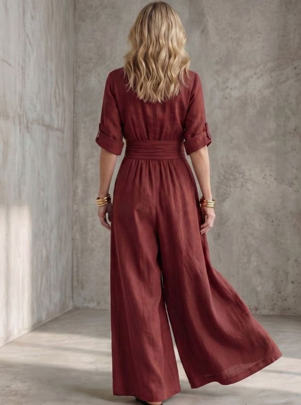 Women's Cross-Front Wide-Leg Maxi Jumpsuit Gathered Waist