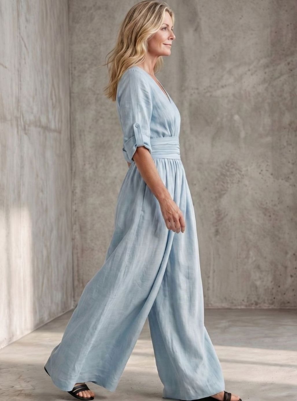 Women's Cross-Front Wide-Leg Maxi Jumpsuit Gathered Waist