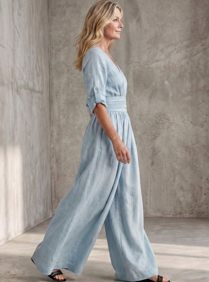 Women's Cross-Front Wide-Leg Maxi Jumpsuit Gathered Waist