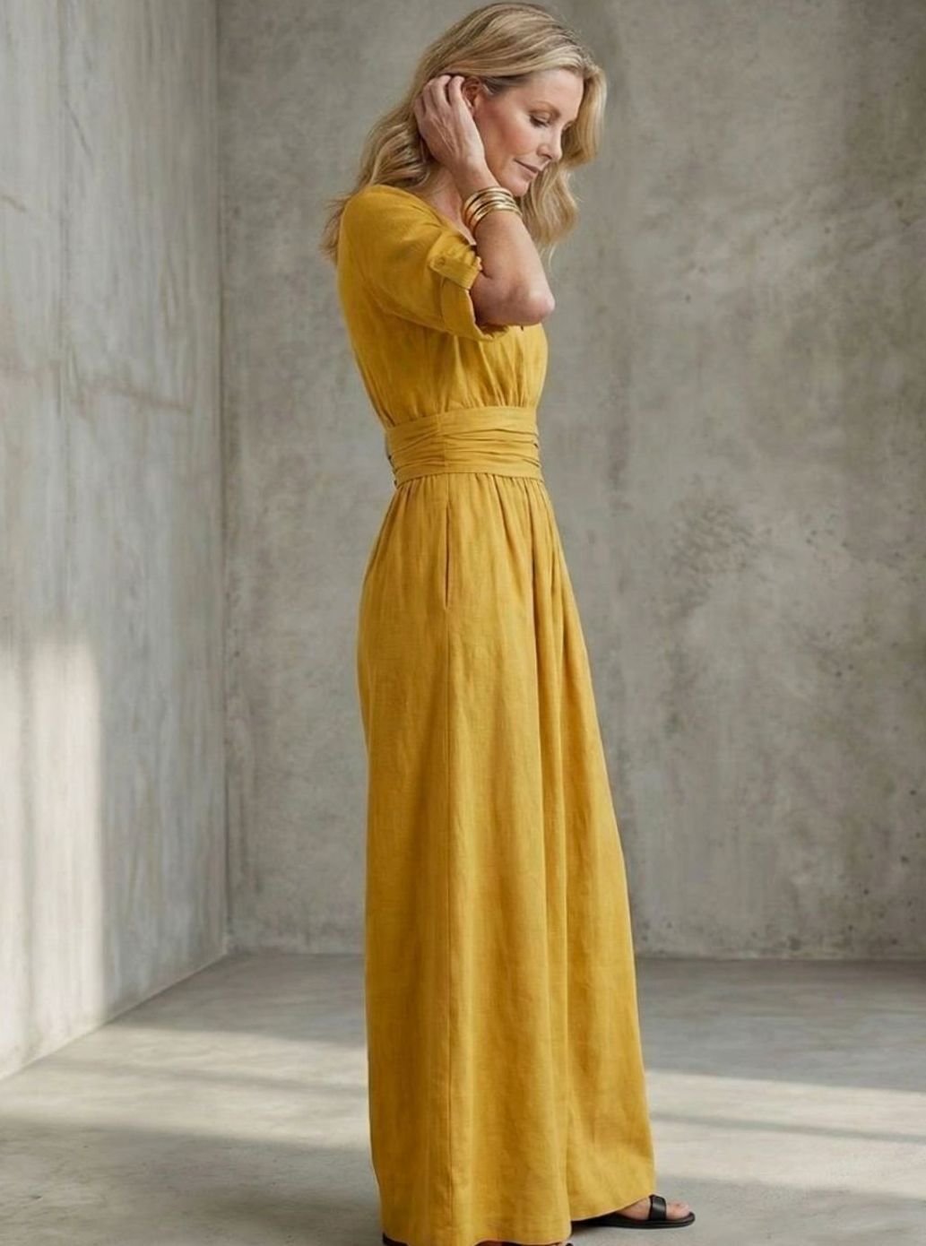 Women's Cross-Front Wide-Leg Maxi Jumpsuit Gathered Waist