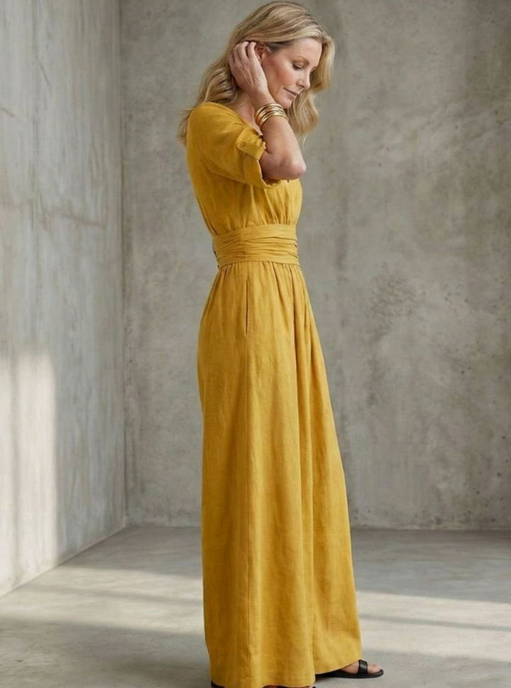 Women's Cross-Front Wide-Leg Maxi Jumpsuit Gathered Waist