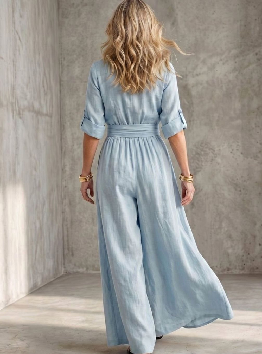 Women's Cross-Front Wide-Leg Maxi Jumpsuit Gathered Waist
