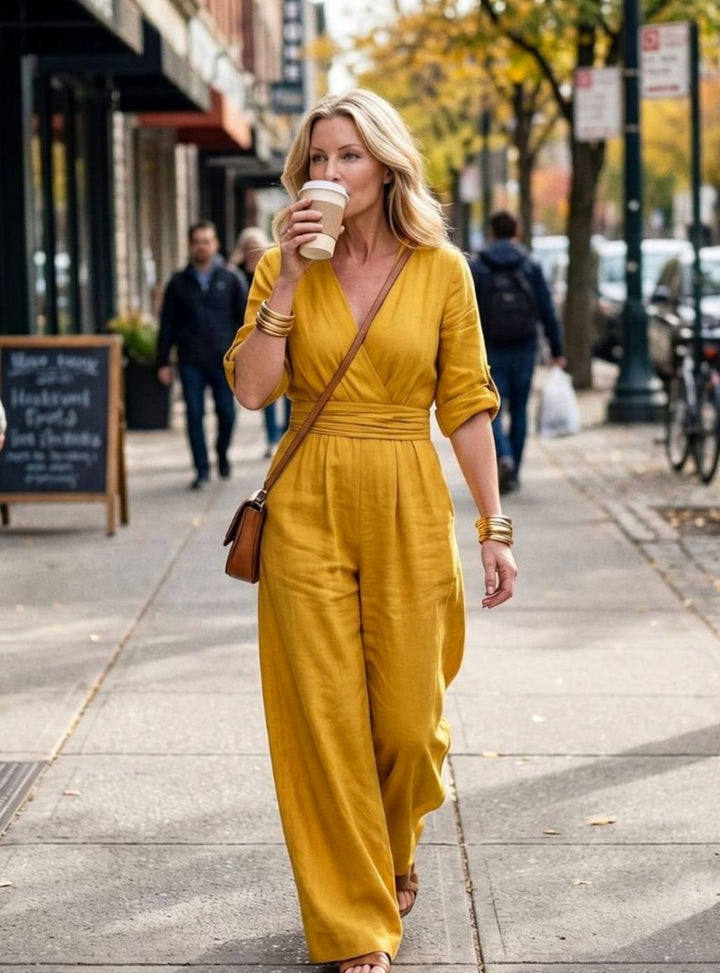 Women's Cross-Front Wide-Leg Maxi Jumpsuit Gathered Waist